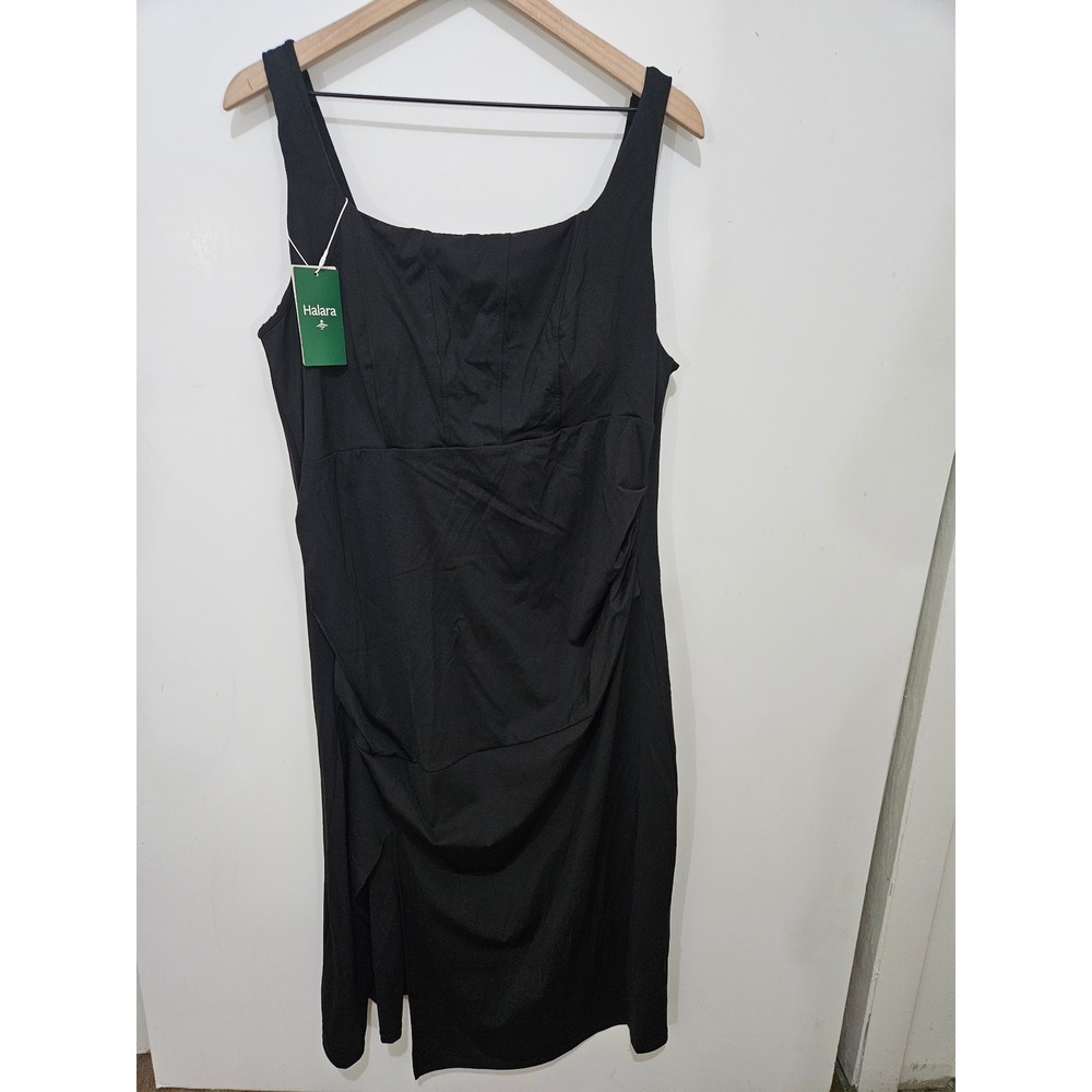 Halara Softlyzero Airy Black Ruched Midi Dress Square Neck Athleisure 2X NEW